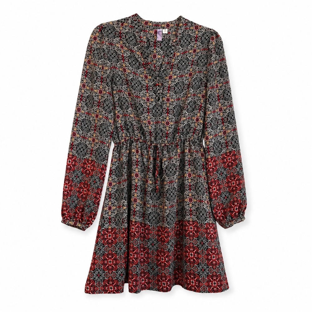 Alya Elastic Waist V-Neck Long Sleeve Mini Dress Black Red Print Boho Size M